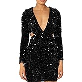 R.Vivimos Womens Glitter Sequin Party Dresses Fall Winter Long Sleeve Sexy Deep V Neck Cut Out Sparkly Club Velvet Mini Dress