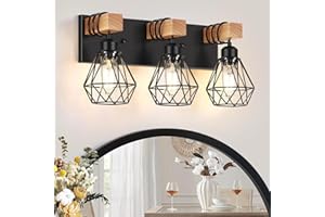 3-Light Farmhouse Bathroom Vanity Light Fixtures, Wood Bathroom Lighting Over Mirror, Black Vanity Lights with Metal Lampshad