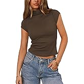 Pungdra Womens Cap Sleeve T Shirts Mock Neck Tops for Women Y2k Knit Slim Fit Tee Casual Basic Crop Going Out Top