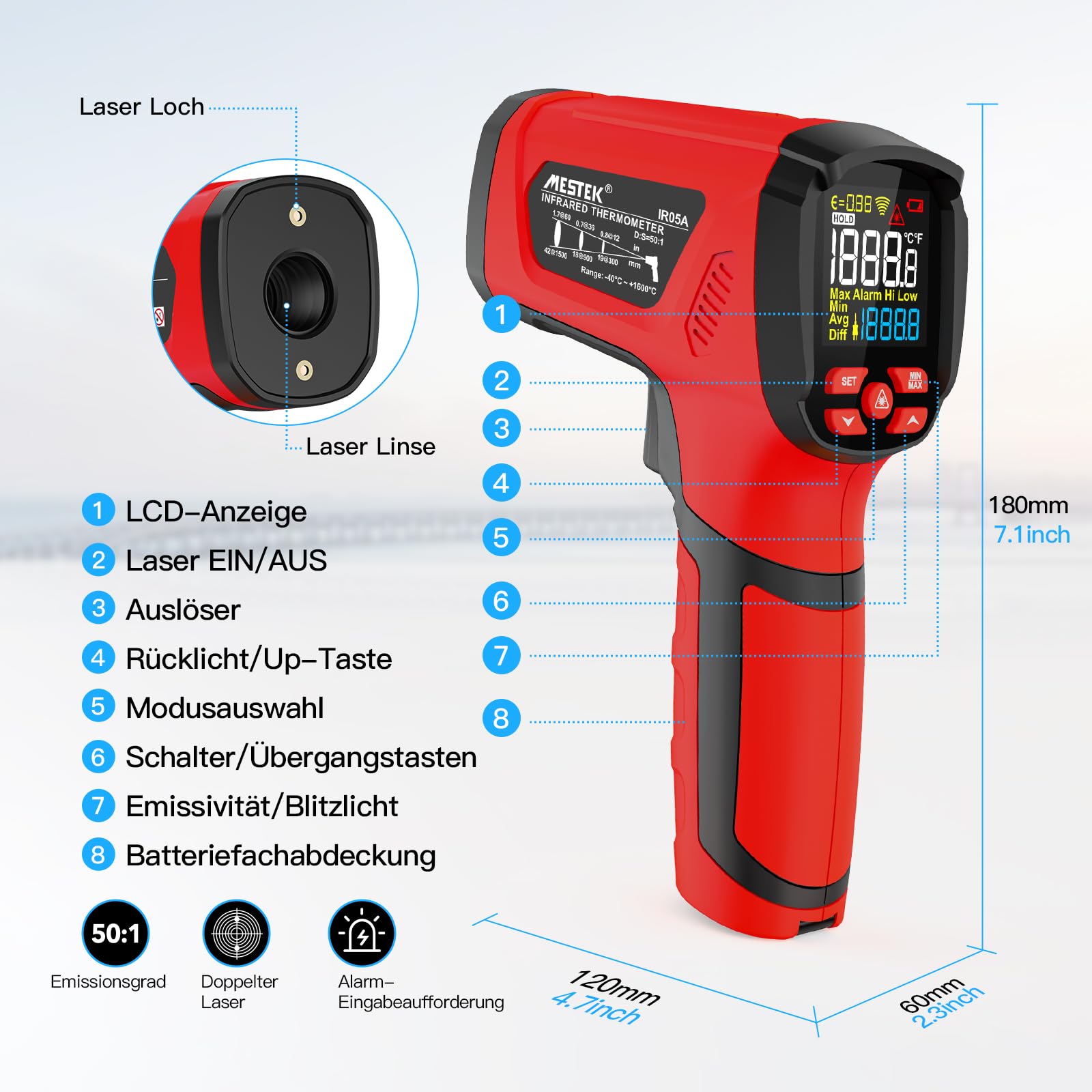 Infrarot Thermometer MESTEK Hochtemperatur Digital Laser Temperaturmessgerät -40°C bis 1600℃ mit K-Sonde IR Pyrometer Berührungslos LCD Alarm Einstellbarer Emissionsgrad für Kochen Industrial HVAC 8