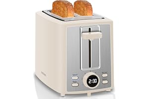 SEEDEEM Toaster 2 Slice, Bread Toaster with LCD Display, 7 Shade Settings, 1.４'' Extra Wide Slots Toaster with Cancel, Bagel, Defrost, Reheat Functions, Removable Crumb Tray, 900W, Cream White