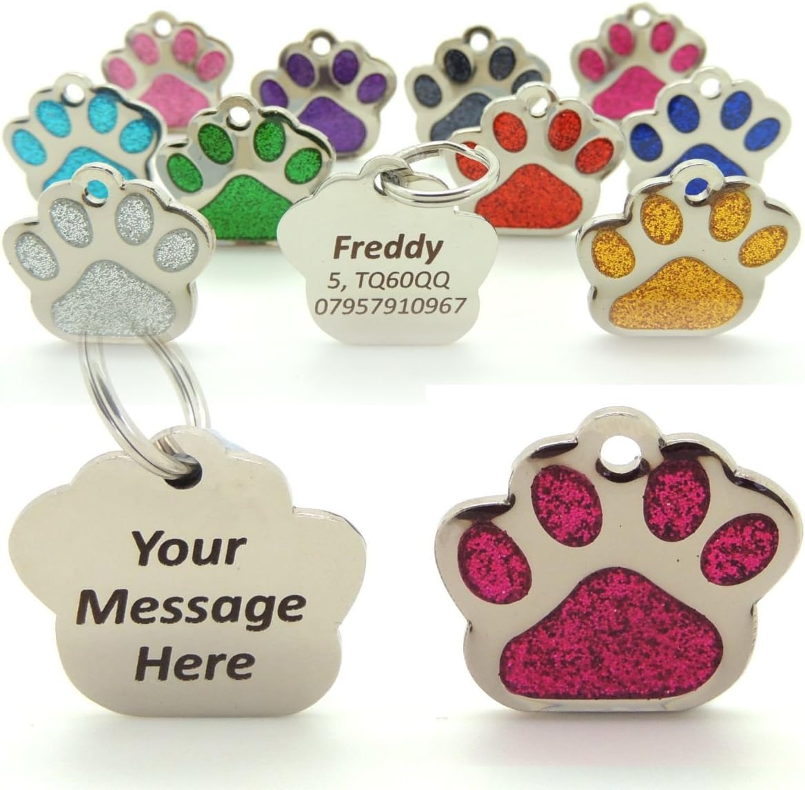 Personalised Engraved Pink 27mm Glitter Paw Print Shaped Tag BOLD BLACK LETTERING Dog Cat Pet ID Tags (Pink)