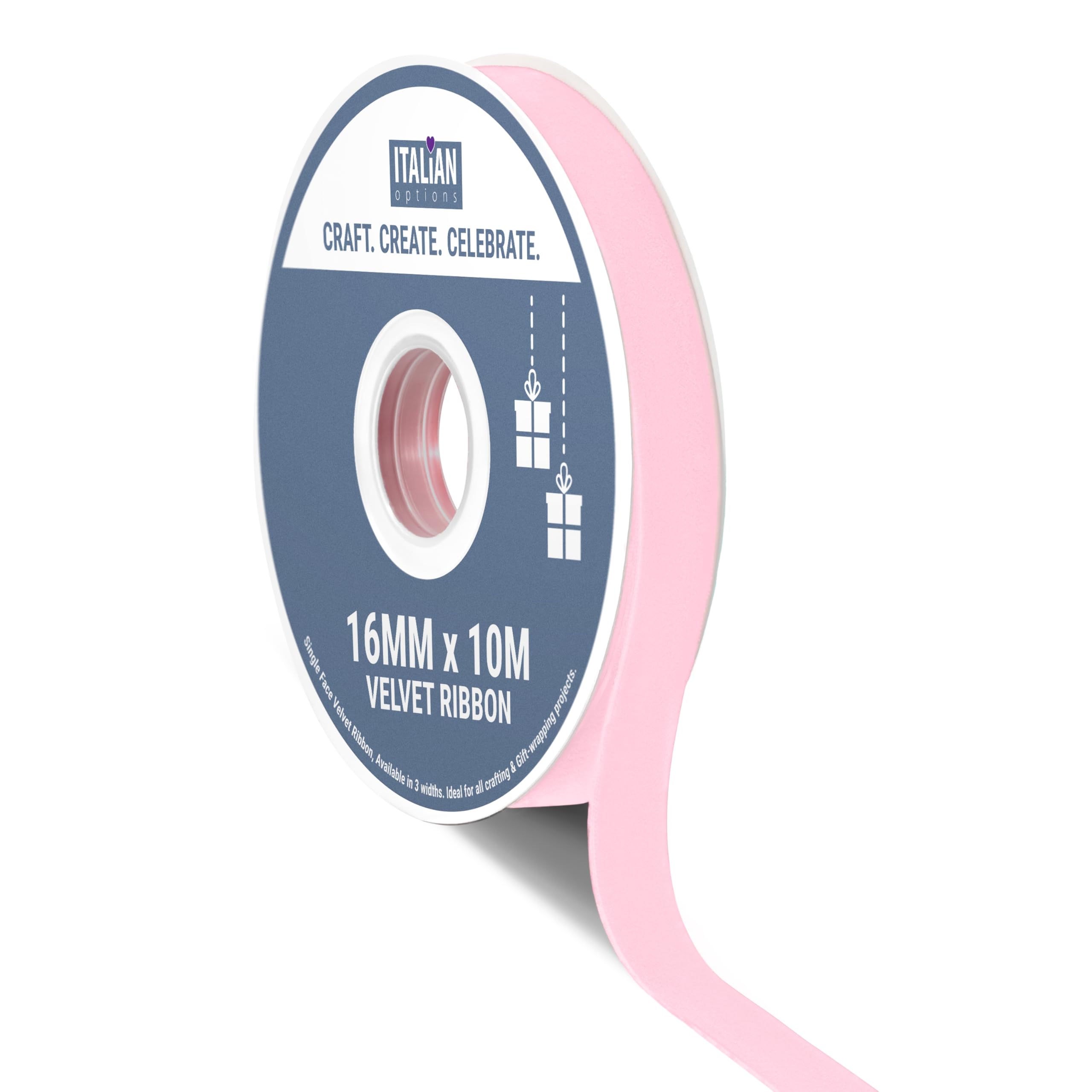 Italian Options Velvet Ribbon, Luxury, Single-Face Velvet Ribbon for Crafting, Christmas, Bows, Hair, Cakes, Weddings, Ornaments, Gift Wrapping, Flowers, 16mm x 10 Metre Roll, Soft Pink
