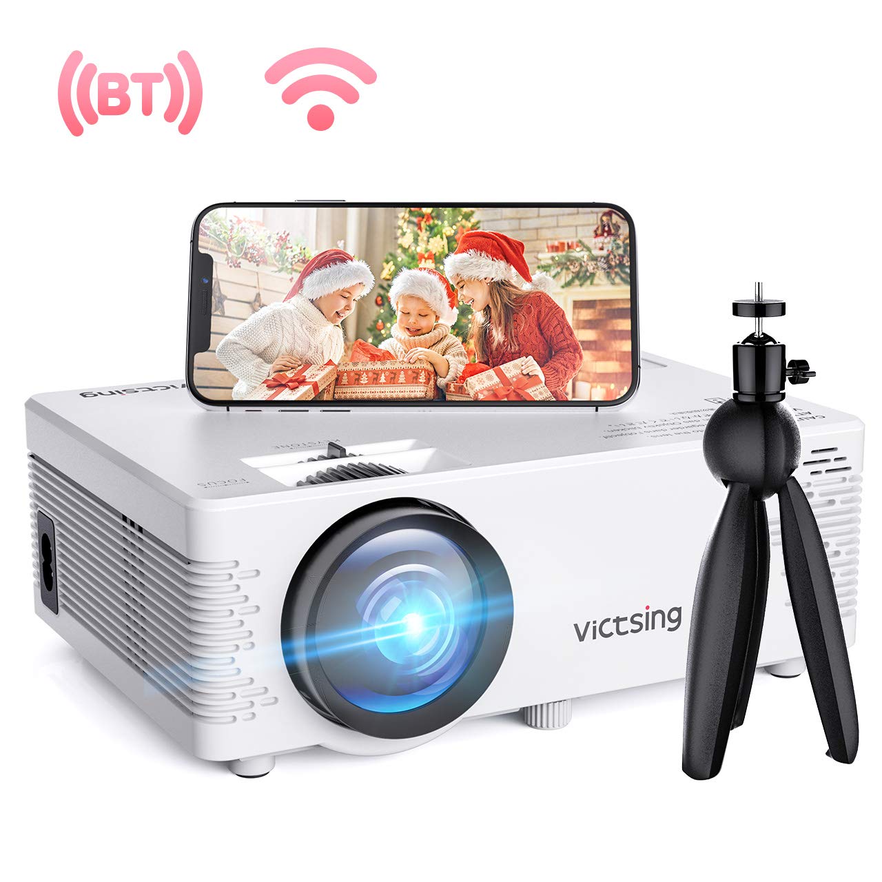 VicTsing Mini WiFi Projector-4200L Wireless Bluetooth Projector with Tripod, 1080P 170 Display Supported, Compatible with TV Stick, PS4, DVD, Portable Protector for Home Entertainment?2020 New Tech?