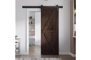 FREDBECK 32in x 80in Brown Wood Barn Door with 5.5ft Barn Door Hardware Track Kit Included, Double Surfaces,Simple Assembly is Required,K-Frame,Coffee