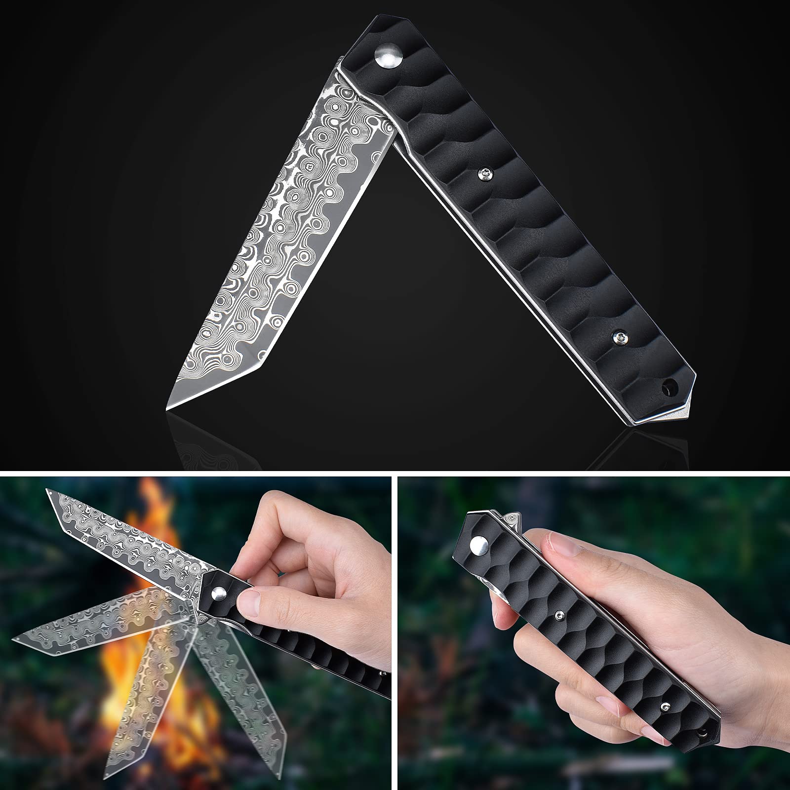 AUBEY Damast Taschenmesser Klappmesser mit Clip, Damaststahl Klinge Tanto Messer mit Flipper, Liner Lock, Aluminium Griff, Glasbrecher, Geschenkbox - Einhandmesser für EDC Jagd Camping Sammeln 2