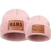 HENWASAI 2PCS Parent-Child Beanie Hat Mama and MINI Leather Patch Knitted Hat Winter Warm Cuffed Ski Cap