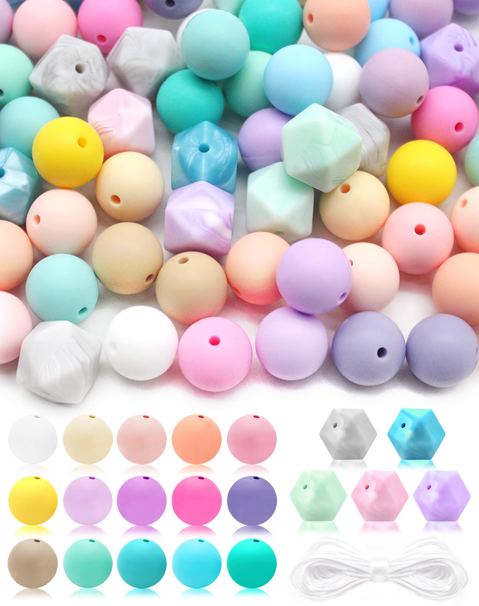 Cinvo 100pcs Silicone Loose Beads - 15mm Round & 14mm Hexagon Shaped Jewelry Making Kit with 5m Lanyard (Macaron Color Beads Kit)