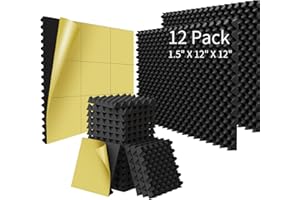 WVOVW 12 Pack Self-Adhesive 1.5" X 12" X 12" Sound Proofing Egg Crate Foam, Upgraded Soundproof Wall Panels, High-Density(35kg/m3) Acoustic Foam, Quick-Recovery Sound Proof Foam Panels for Walls,Black