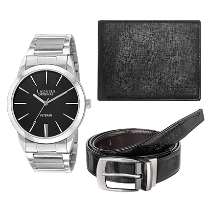 Laurels Combo of Black Watch, Wallet & Belt