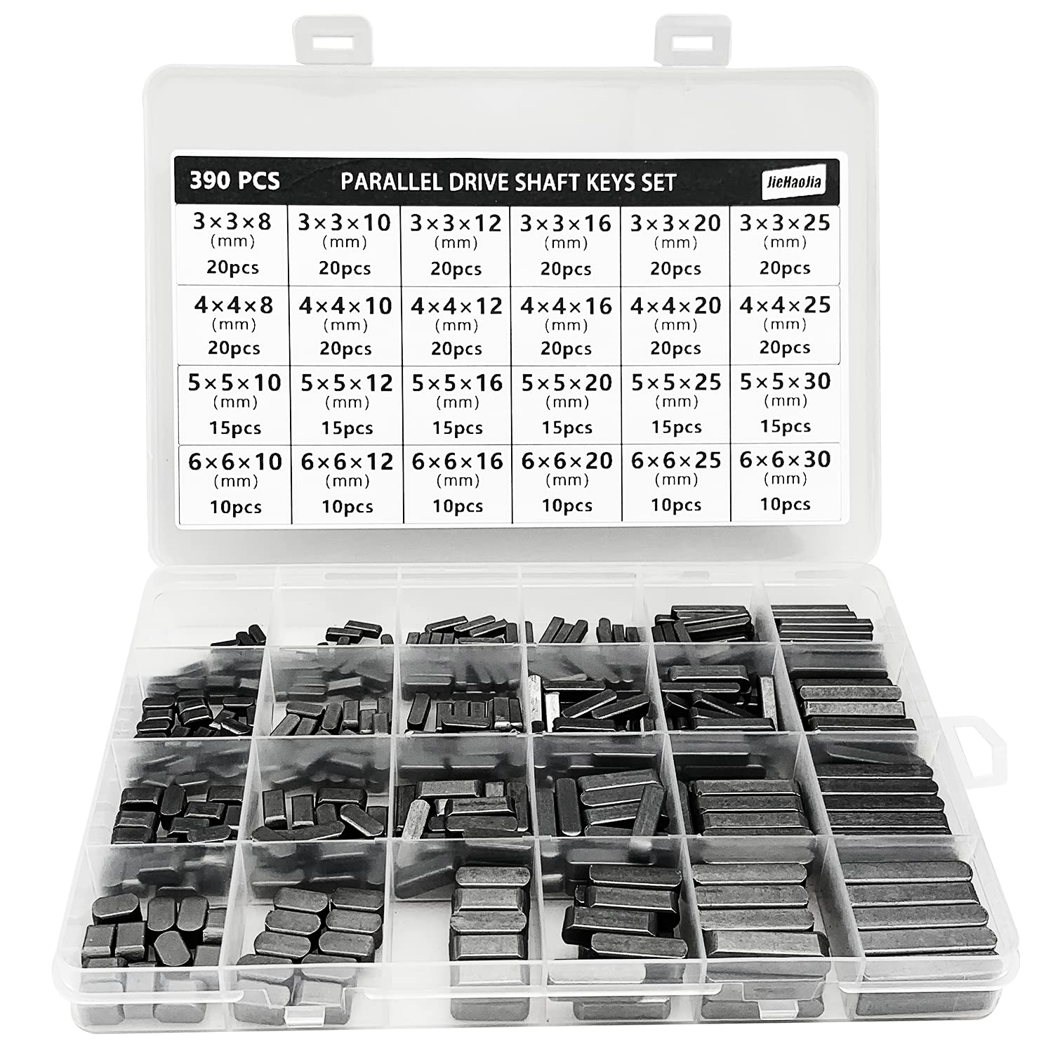 Jiehaojia 390 Pcs Round Ended Feather Key Set,8mm 10mm 12mm 16mm 20mm 25mm 30mm 24 Sizes Parallel Drive Shaft Keys Stock Assortment for Fasteners Mechanical Industry