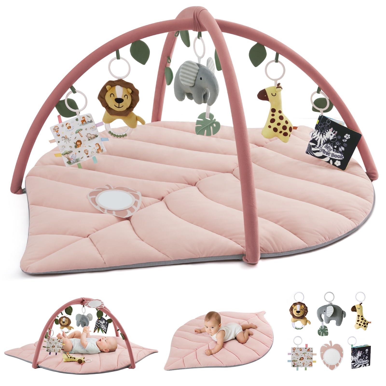 Photo 1 of Blissful Diary Baby Play Gym & Activity Mat, Oversize Leaf Shaped Tummy Time Baby Play Mat w 6 Detachable Toys Promotes Motor Skills & Sensory Development, Newborn Infant Essentials Gift, Crystal Pink
