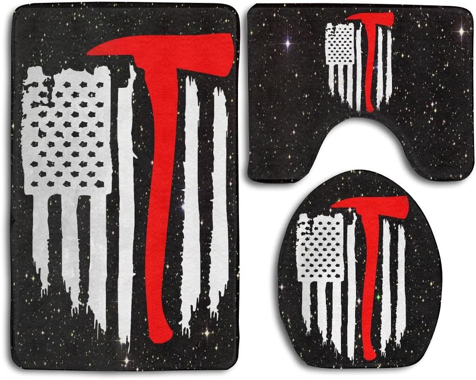 American Flag Firefighter Fashion Bath Mat Set 3 Pieces Indoor Decor Bathroom Rug Set Contour Mat Toilet Seat Cover