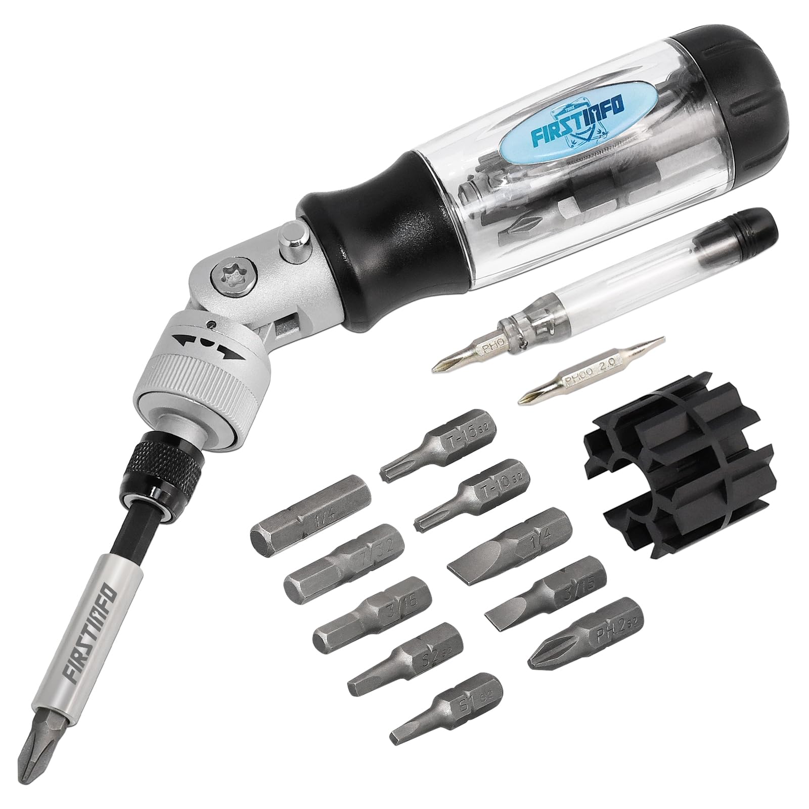 FIRSTINFO High Torque Ratchet Screwdriver, Heavy Duty Nut Screwdriver, 5-Way Works, All 15 Bits Including Bits for Repairing Watches and Glasses