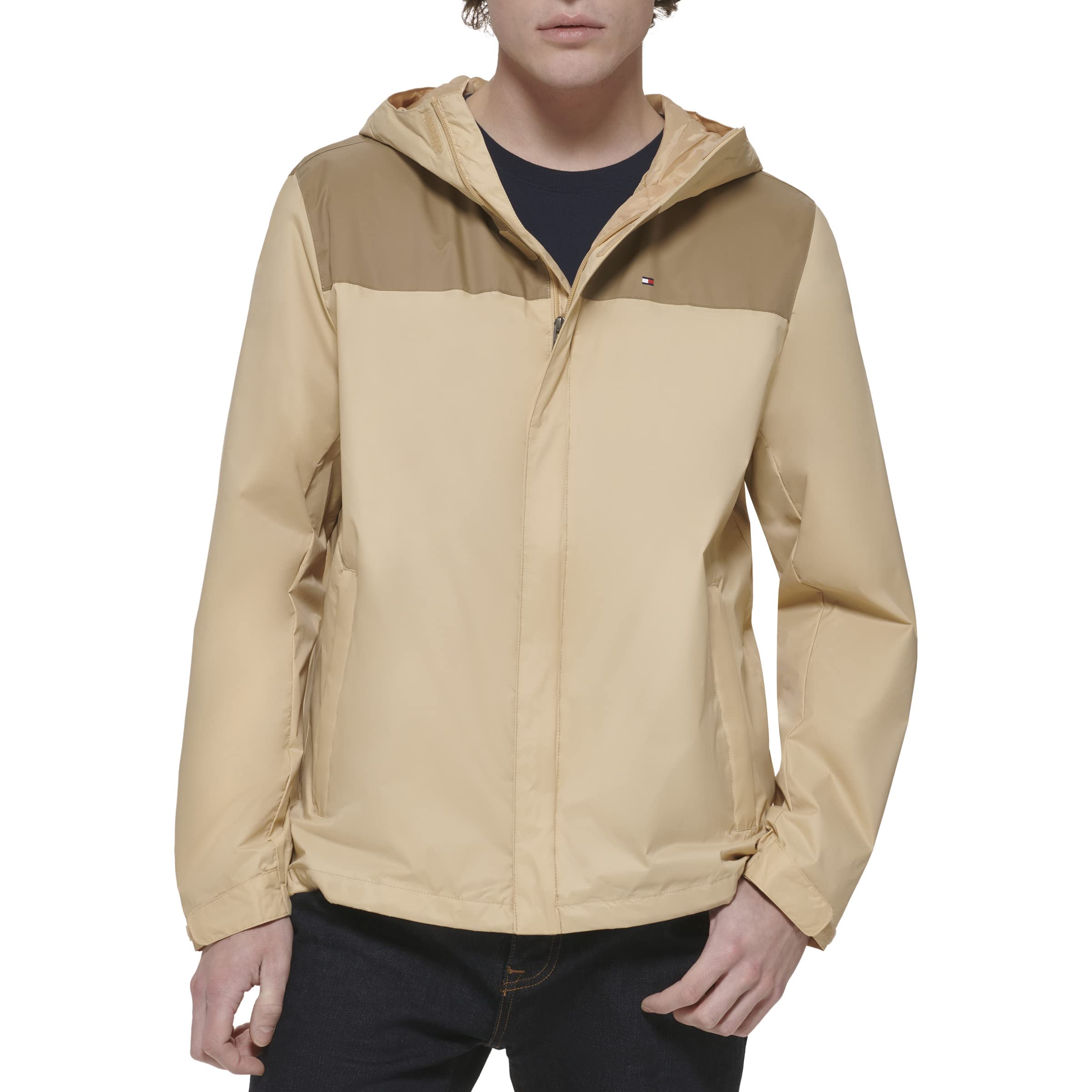 Tommy Hilfiger Men's Lightweight Breathable Waterproof Hooded Jacket, Brown Color Block, Small Image