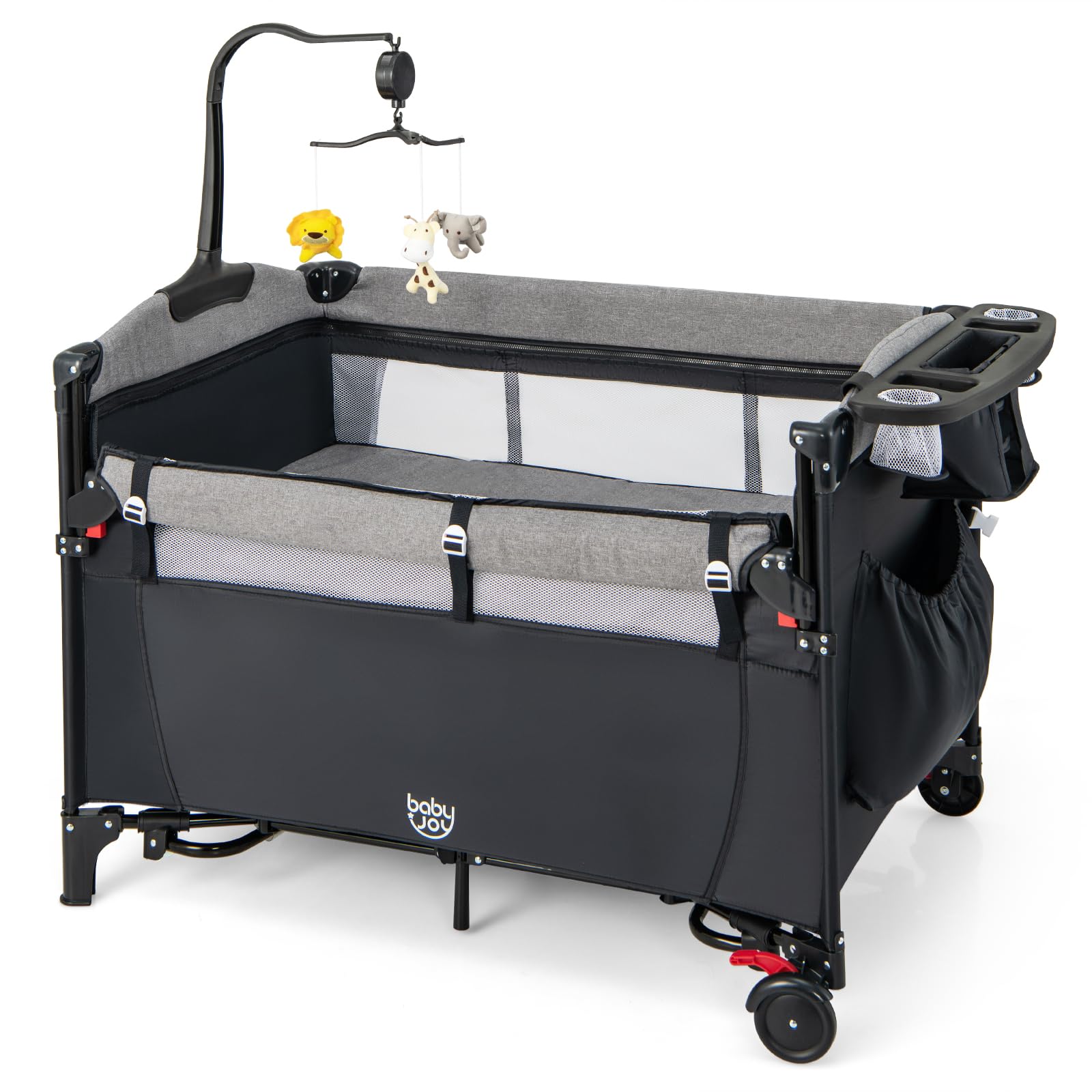 BABY JOY 5-in-1 Pack and Play, Baby Bedside Sleeper with Bassinet, Multifunction Bedside Crib from Newborn to Toddlers, U-Shaped Diaper Changer, Playard, Safety Strap, Music Box & Hanging Toys Image