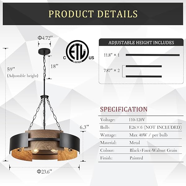 MODERN CHANDELIER 24″ INDUSTRIAL DRUM LIGHT FIXTURE BLACK METAL 6-LIGHT HANGING CHANDELIER WALNUT WOOD GRAIN FOR LIVING DINING ROOM FOYER ENTRYWAY KITCHEN