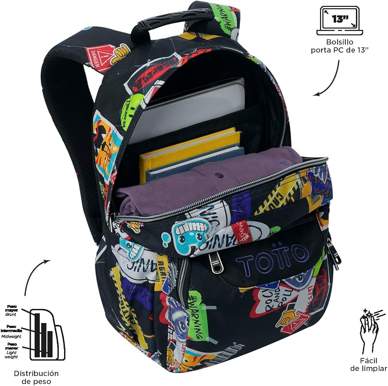 - Mochila escolar, modelo de elásticos, mochila média, capacidade de 15 L, bolso para PC de 14", bolso para garrafa, encosto ergonómico para fluxo de ar, correias em S confortáveis, impressão pegajosa
