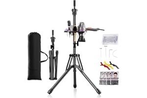 EBLIKI 🥇 Wig Head Stand Tripod - Reinforced Mannequin Stand, Adjustable Height 31" - 57" Wig Stand for Styling, Cosmetology Hairdressing Training with Wig Caps, T-Pins Hair Clips