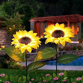 kitvona estaca solar para decoracion de jardin de girasol luces decorativas de 26 pulgadas para jardin patio porche patio trasero 2 unidades
