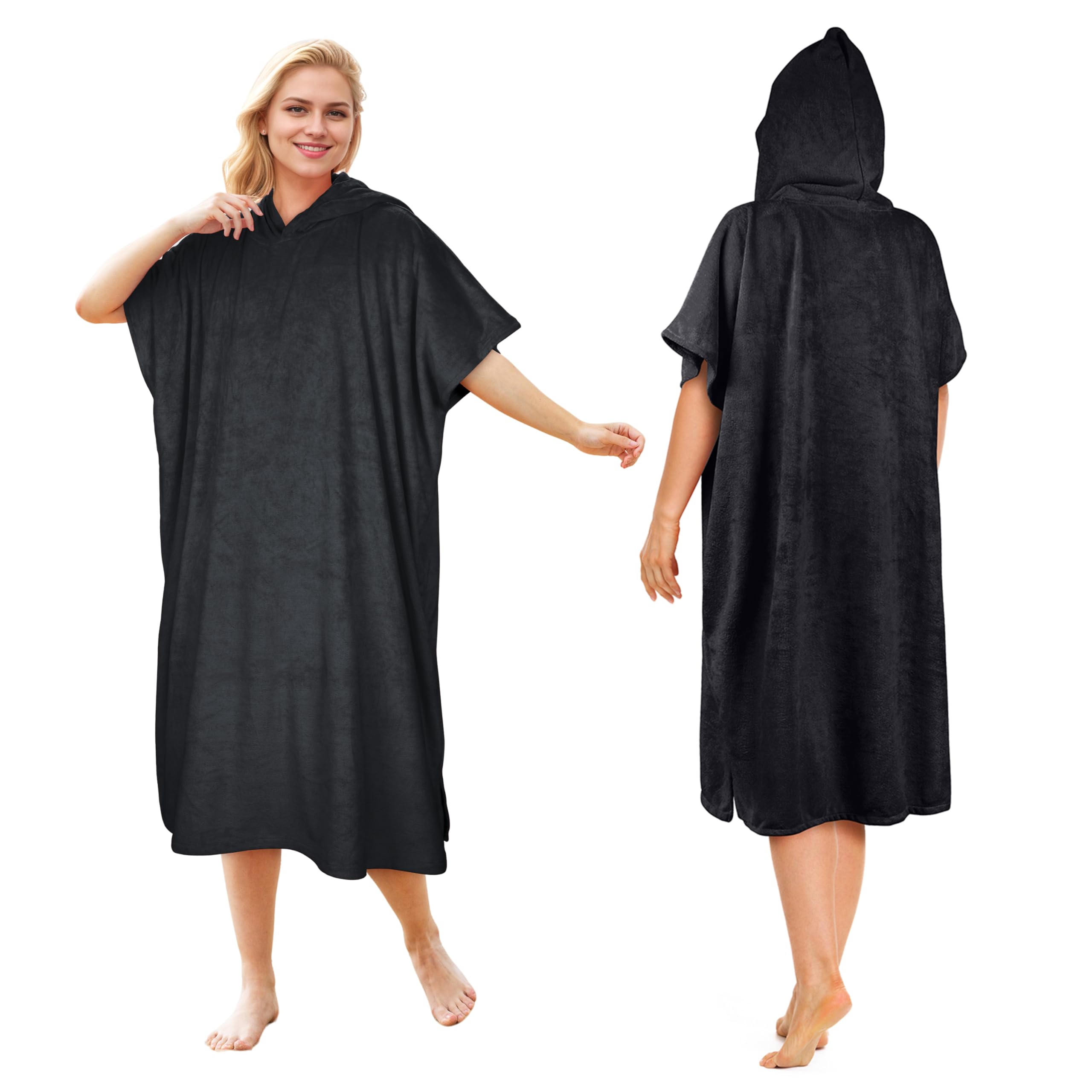 Kato Tirrinia Hooded Poncho Towel Changing Robe Adults, Surf Windproof Beach Robe Swim Towel for Outdoor Use, Super Water Absorbent Compact & Light Weight, One Size Fit Men Women Black