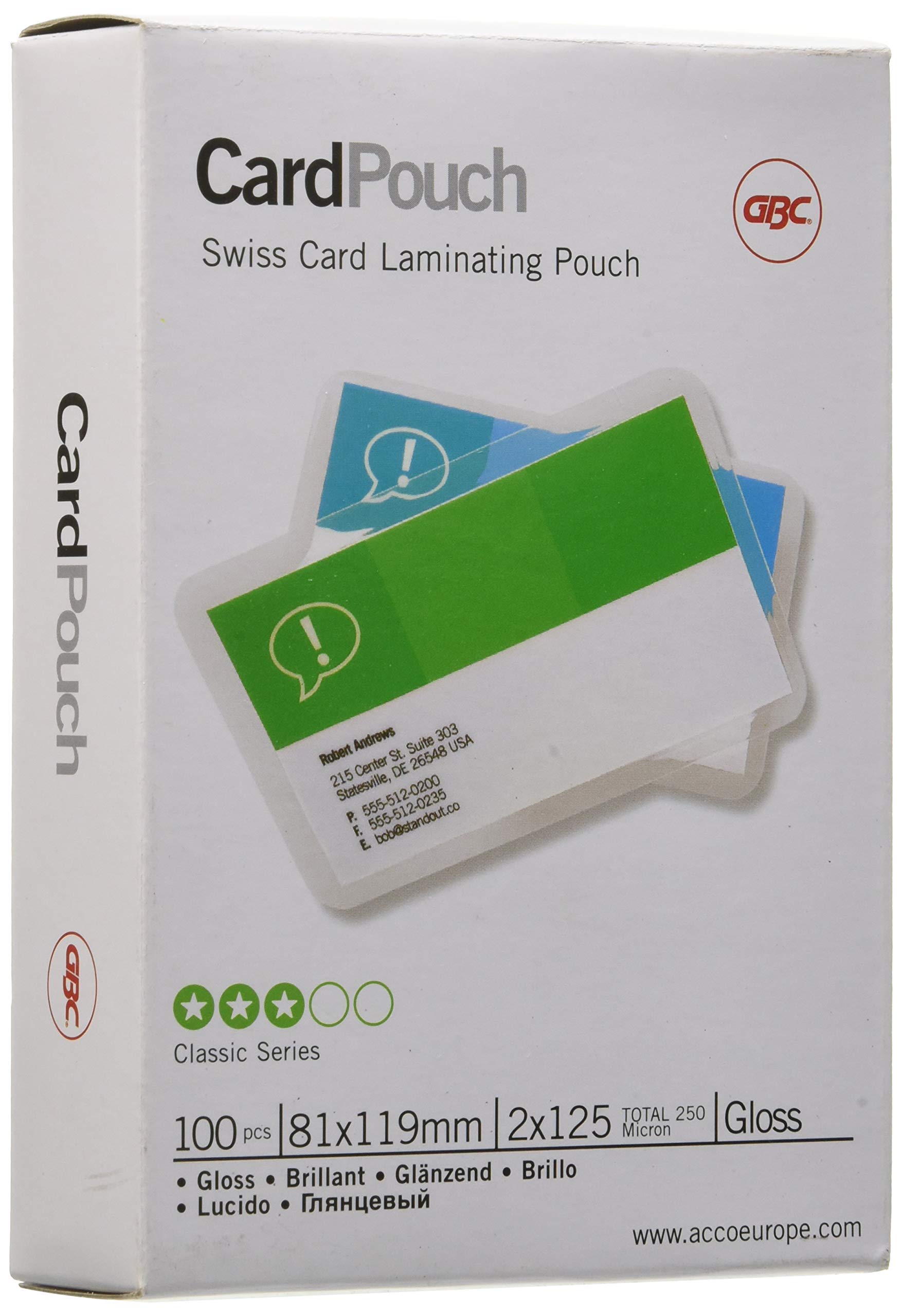 GBC 83x119mm 2x125 Micron Gloss Card Laminating Pouches, Pack of 100, 3743155