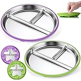 OVV Stainless Steel Kids Plates (2 Pack) – 9 Inch Toddler Divided Plates with ﻿Removable Silicone Sleeves & 5 Suction Cups Baby Self Feeding | Mess-Free Mealtime | Dishwasher Safe