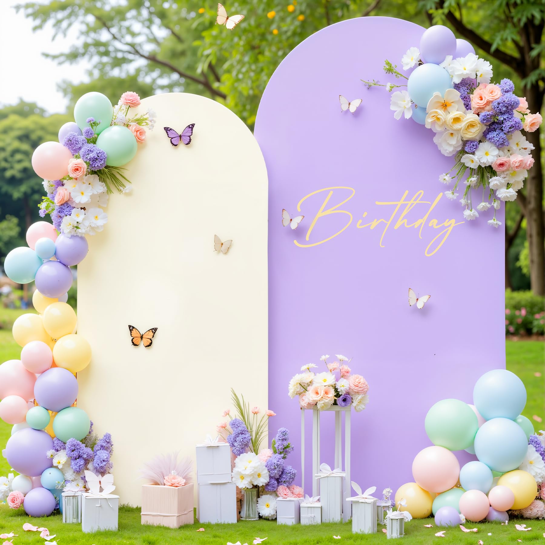 Photo 1 of ***ONLY 1 BACKDROP COVER ITS REVERSABLE TO MAKE EITHER COLOR*** Beige and Purple Arch Cover 2 Set-7.2FT, 6FT Arch Backdrop Cover Spandex Fitted Wedding Arch Stand Covers for Bridal Shower Wedding Baby Shower Birthday Party Ceremony Photo Background Decora