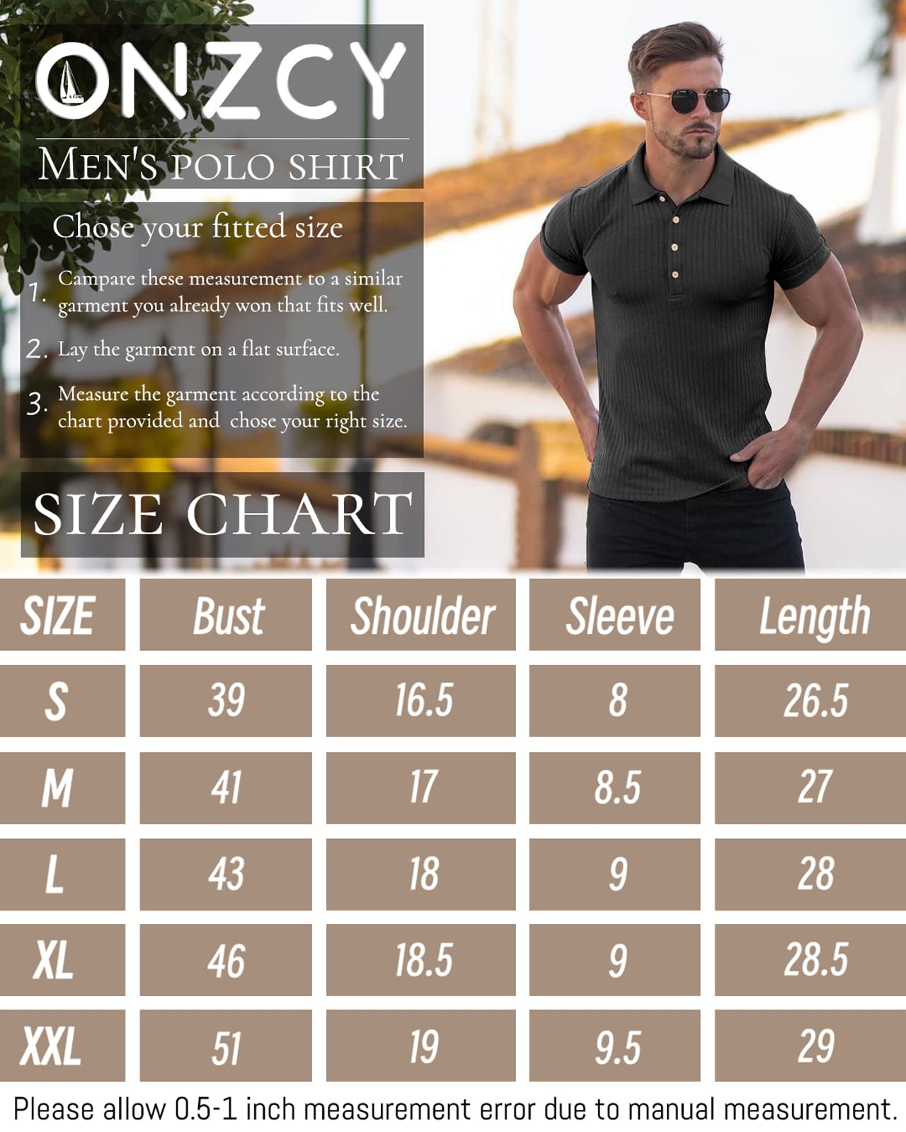 onzcy Muscle Polo Shirts for Men Short Sleeve Slim Fit Golf Shirts for Men Casual Dry Fit T Shirts Ribbed Knit Bowling Shirts