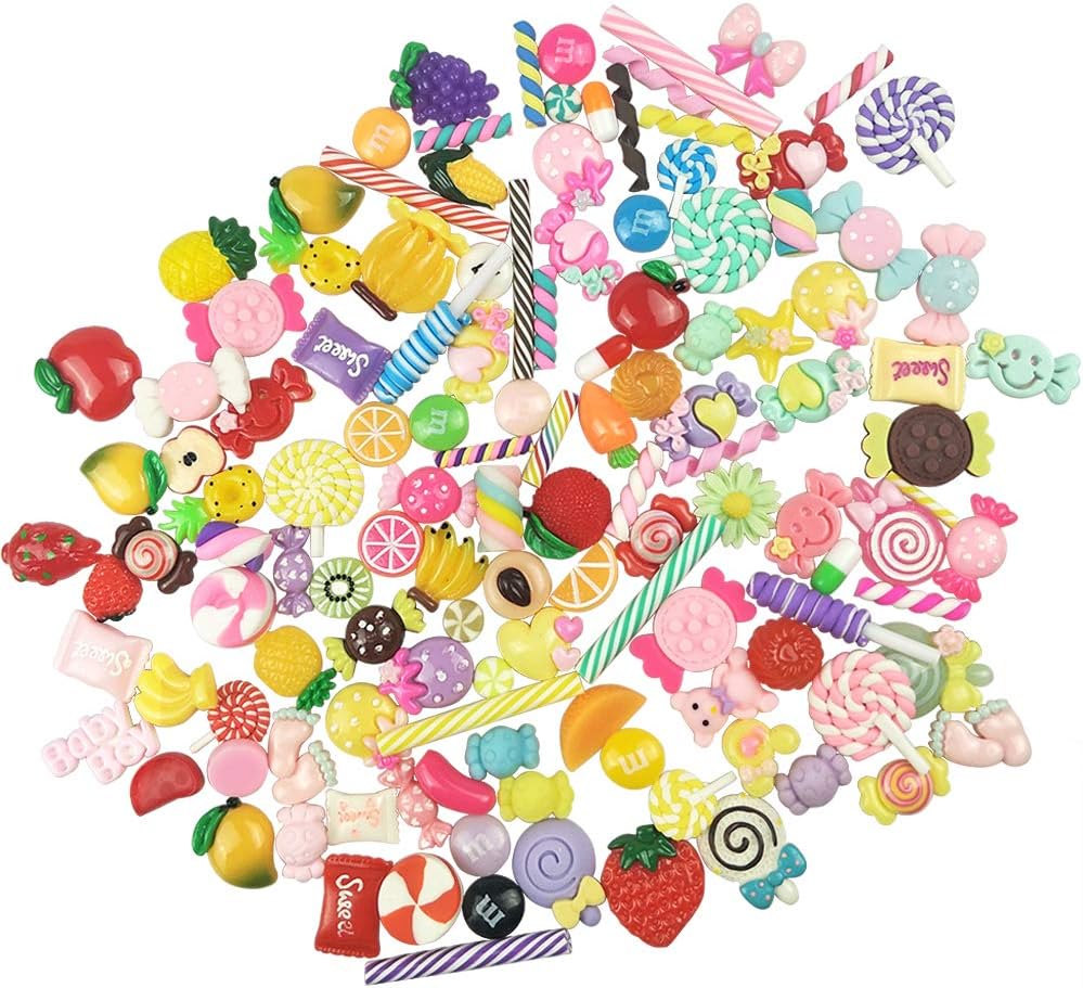 130pcs Slime Charms Cute Set Charms for Slime Assorted Fruits Candy Sweets Fatback Resin Cabochons for Craft Making Ornament Scrapbook DIY Crafts