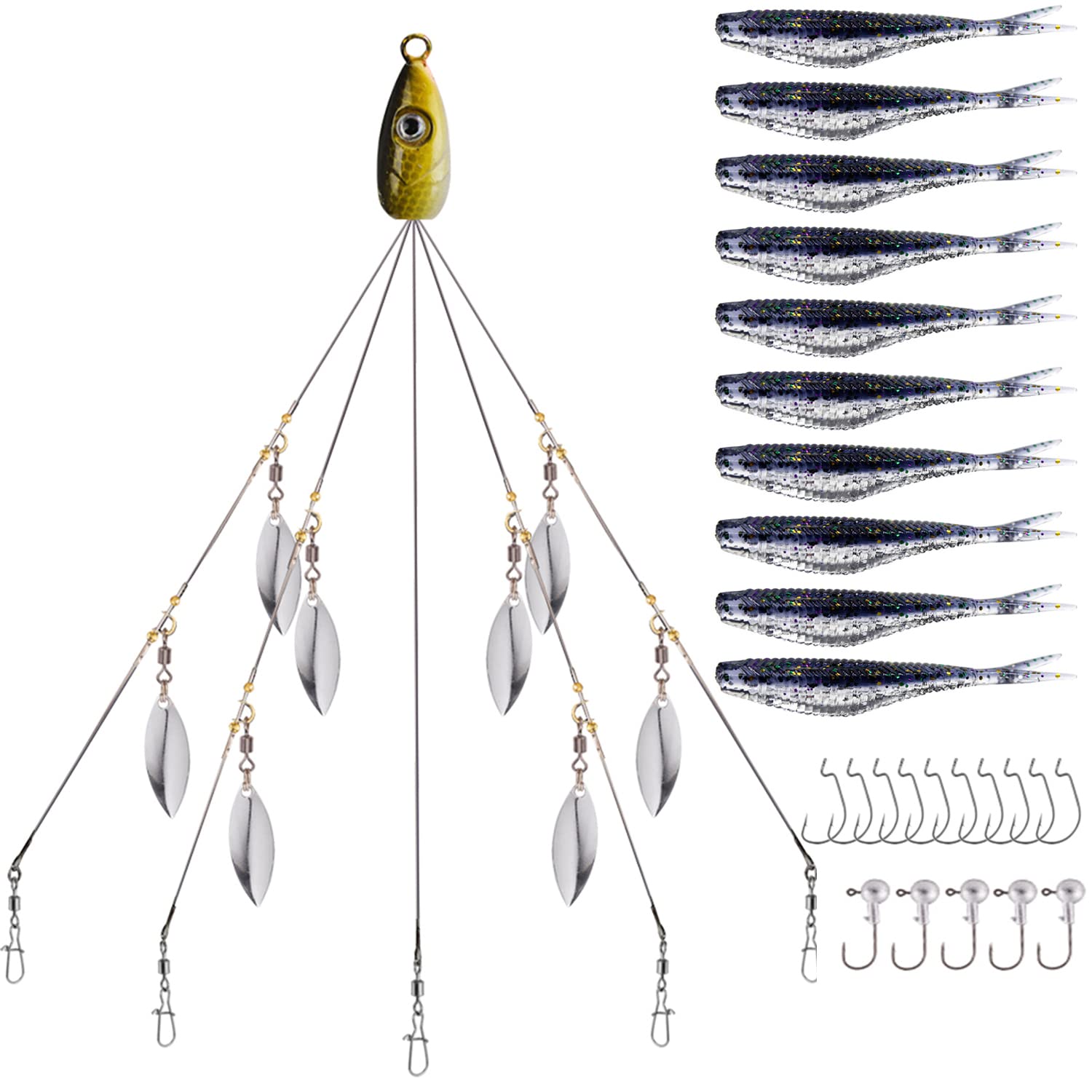 XhuangTech Alabama Rig Umbrella Rigs for Trolling,A Rig Bass Lures Bait Kit with Split Tail Swimbaits Lures,5 Arms Alabama Rig Fishing Lure - 26PCS