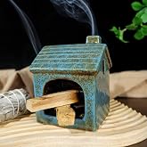 Mougigi Blue House Palo Santo Burner Holder - Ceramic Mini Chiminea | Stable Base,Burning Sage & Incense Cones-Ideal Small Smudge Bowl for Zen Altars, Meditation,Yoga Spaces, Home Decor & Gifts