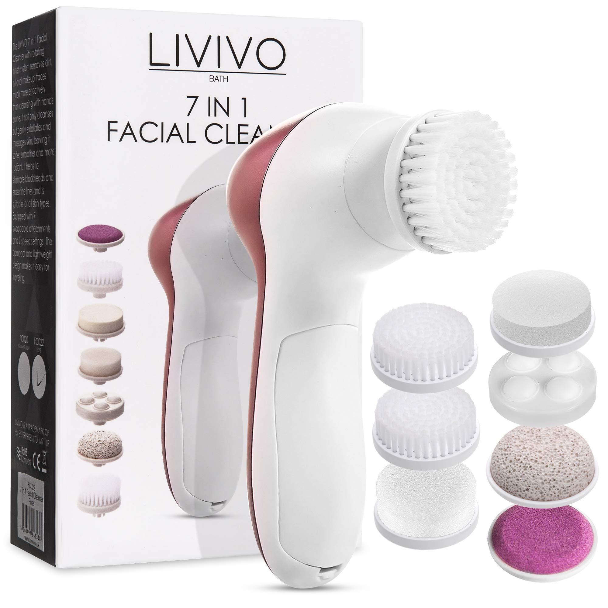 LIVIVO Facial Cleansing Brush – 7-in-1 Electric Face & Foot Exfoliator Deep Cleansing Face Scrubber – Blackhead Removal, Pore Cleansing & Exfoliating with 7 Rotating Heads (Rose Gold)