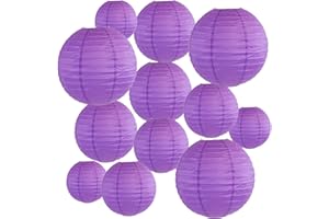 Peywot 12Pcs Round Paper Lanterns Assorted Sizes (6" 8" 10" 12") for Home Decor, Restaurant, Church, Wedding, Birthday Party Decorations, Hanging Chinese Japanese Paper Lantern Lamps (Deep Purple)