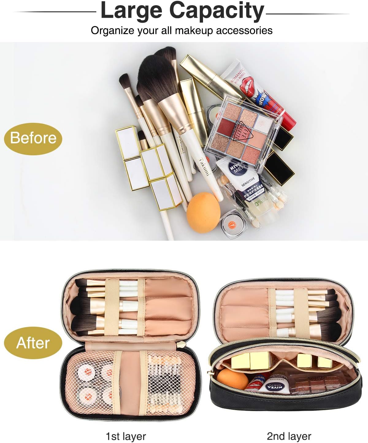 Makeup Bag Makeup Case for Women Dual Layer Compact Brush Holder Organizers Brush Organizer Makeup Storage for Women Girls Christmas Gift (Small, Black PU)