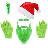 PANMAY Men Green Monster Beard Santa Adult Christmas Cosplay Costume Accessories Beard Santa Hat Holiday Party Prop