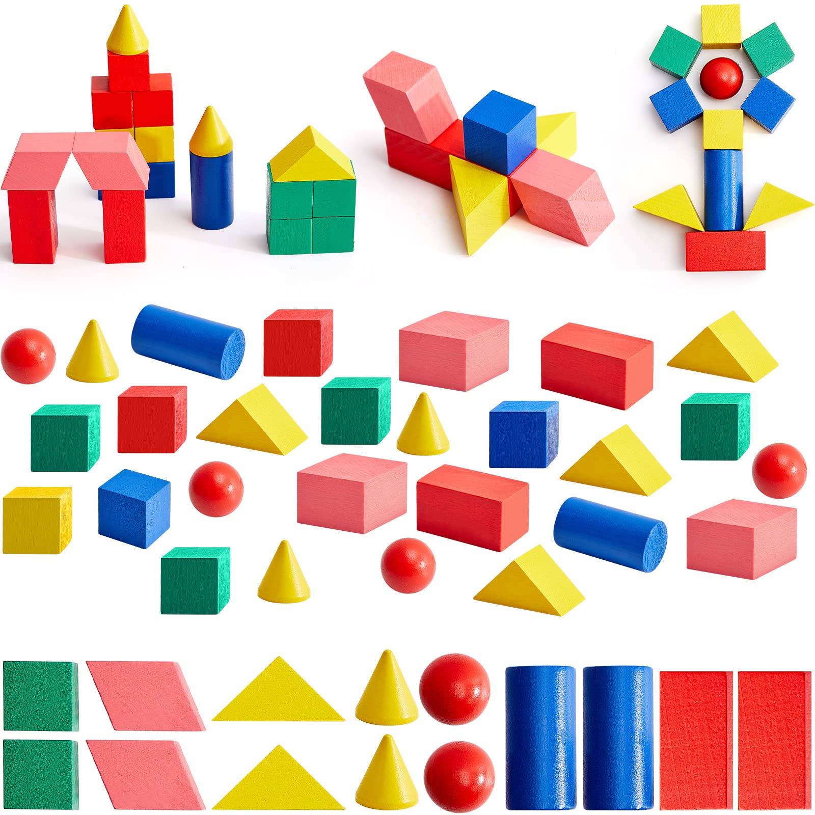 Photo 1 of 140 Pcs Mini 3D Shapes for Teaching, Wood Geometric Solids, Geometric Shapes 3D Shape Blocks, Classroom Manipulatives for Elementary School for Kids Geometry Math Kindergarten Preschool Learning