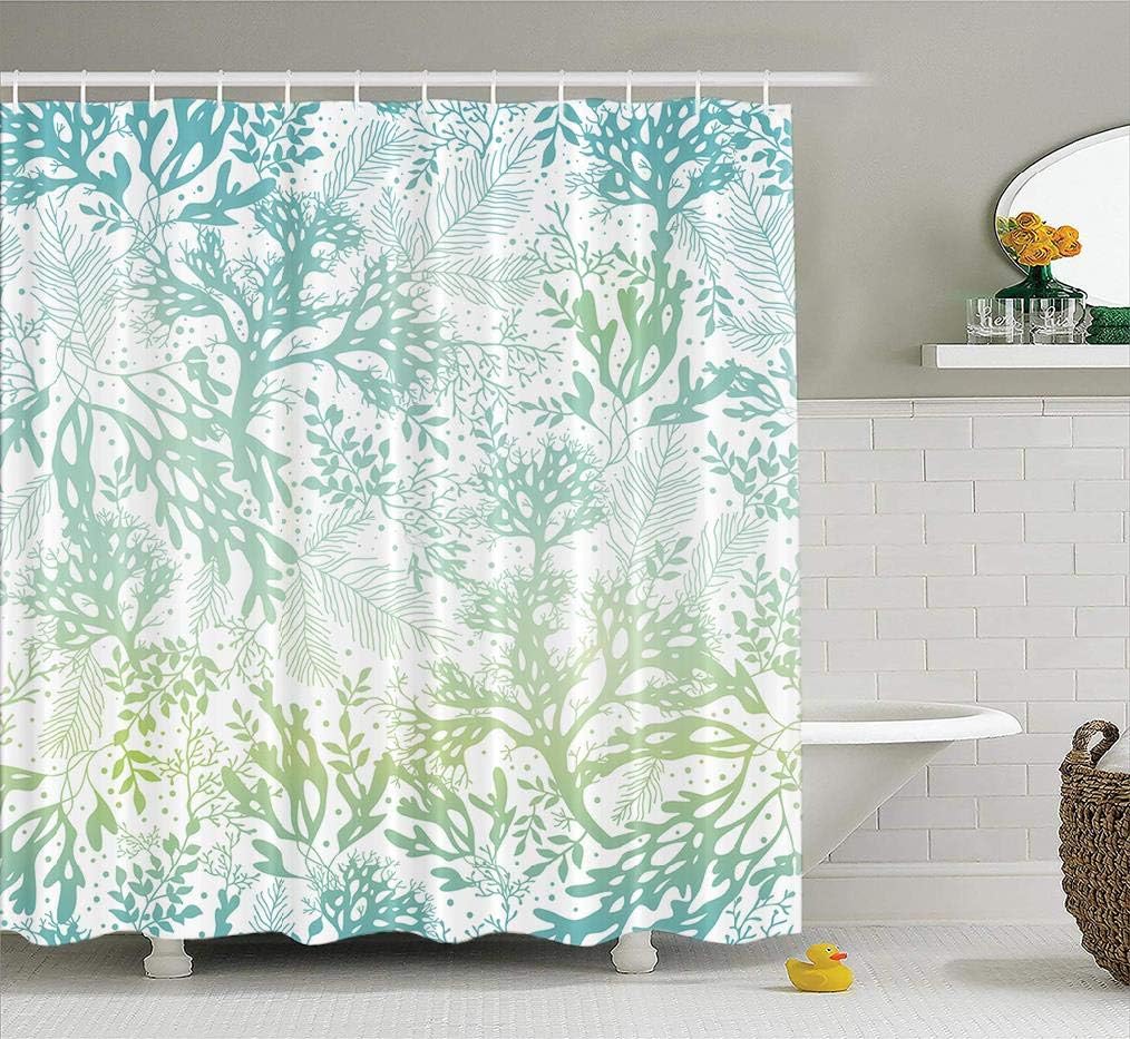 LILYMUA Blue Green Shower Curtain Nautical Ocean Sea Marine Seaweed Waterproof Polyester Fabric Bathroom Shower Curtain Bathroom Decor Bath Curtain,72X72 Inchยกยญ