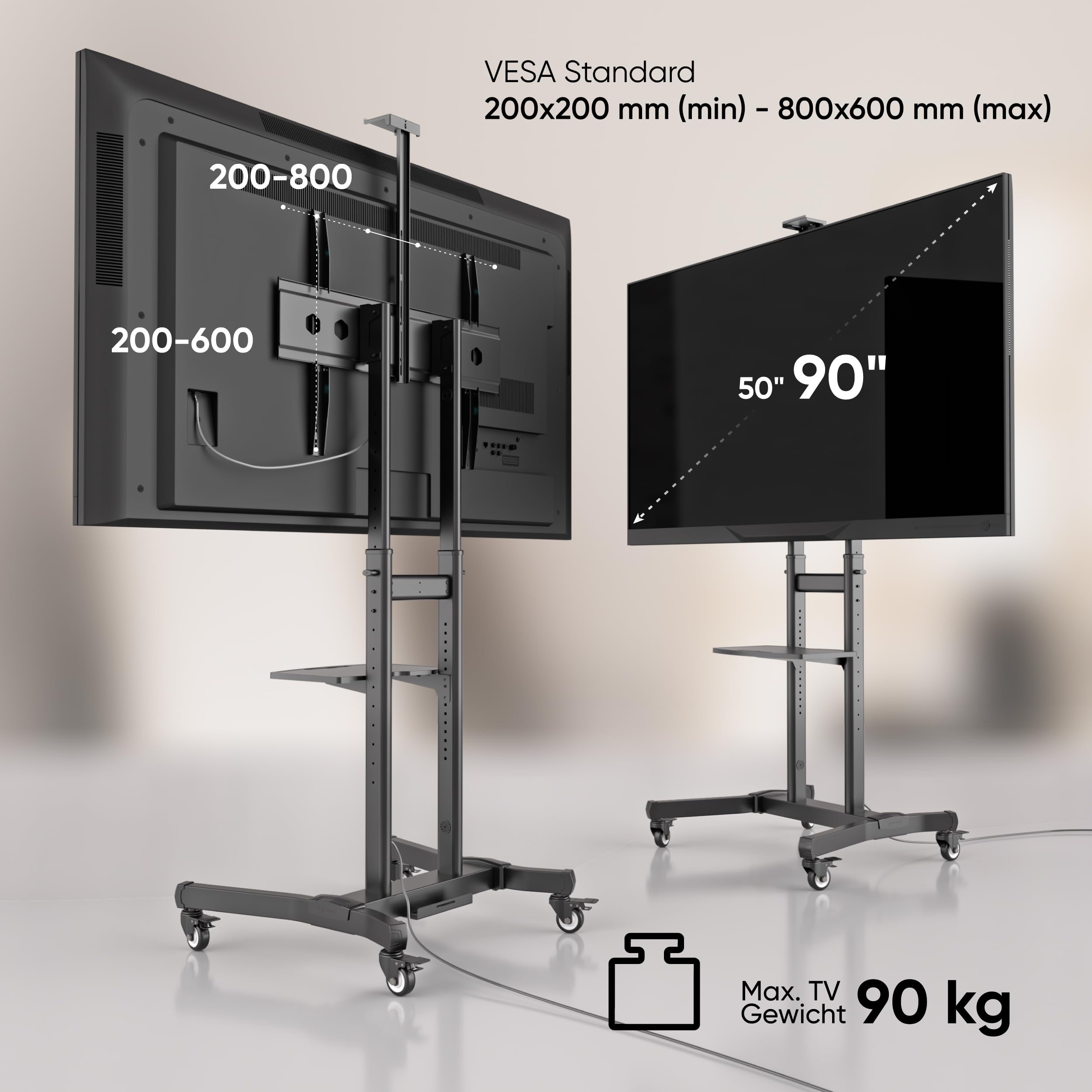 ONKRON TV Ständer rollbar für 50-90 Zoll Fernseher, max Last 100 kg, TV Standfuss höhenverstellbar neigbar, Fernseh Rollwagen max VESA 800x600, Fernsehständer mit Rollen, Ablage Schwarz TS1891-B 3