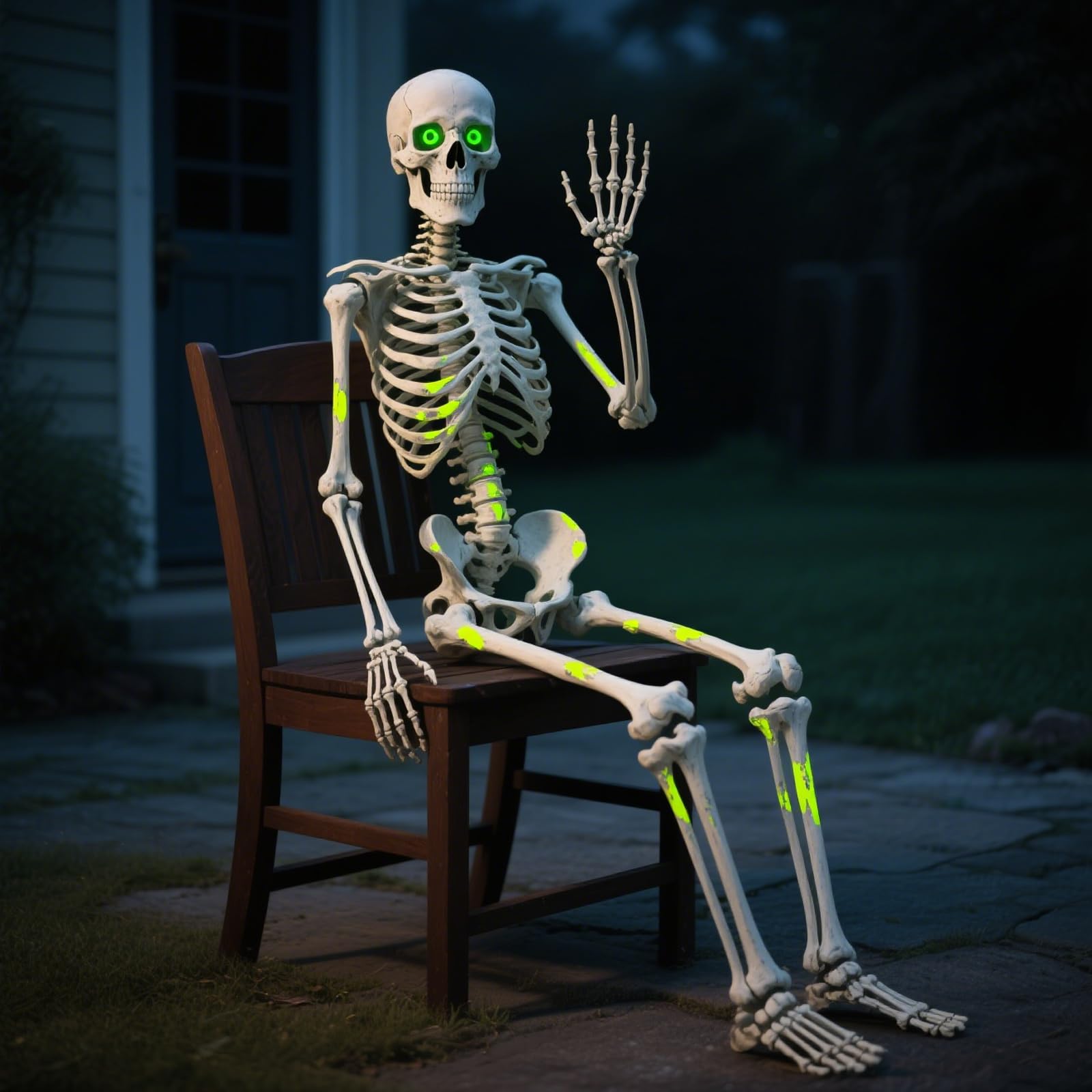 Photo 1 of Oddwaxs 6Ft Life Size Halloween Skeleton - Posable with Glowing Eyes & Luminescent Paint, Full Body Life-Like Bones for Indoor Outdoor Halloween Decorations