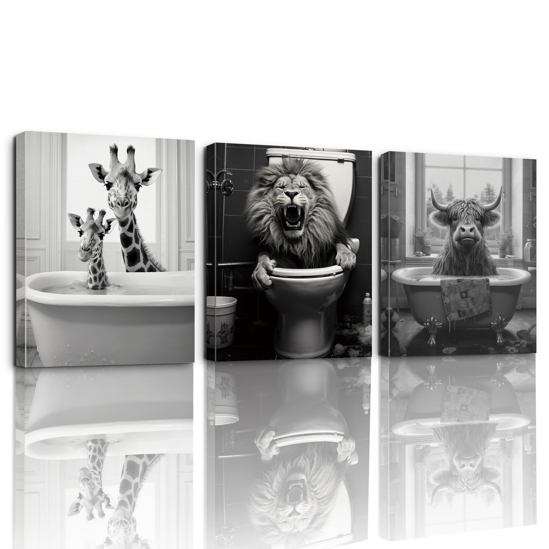 3 Canvas Wall Art: Giraffe, Lion & Cow in Bathtub for Humorous Bathroom ...