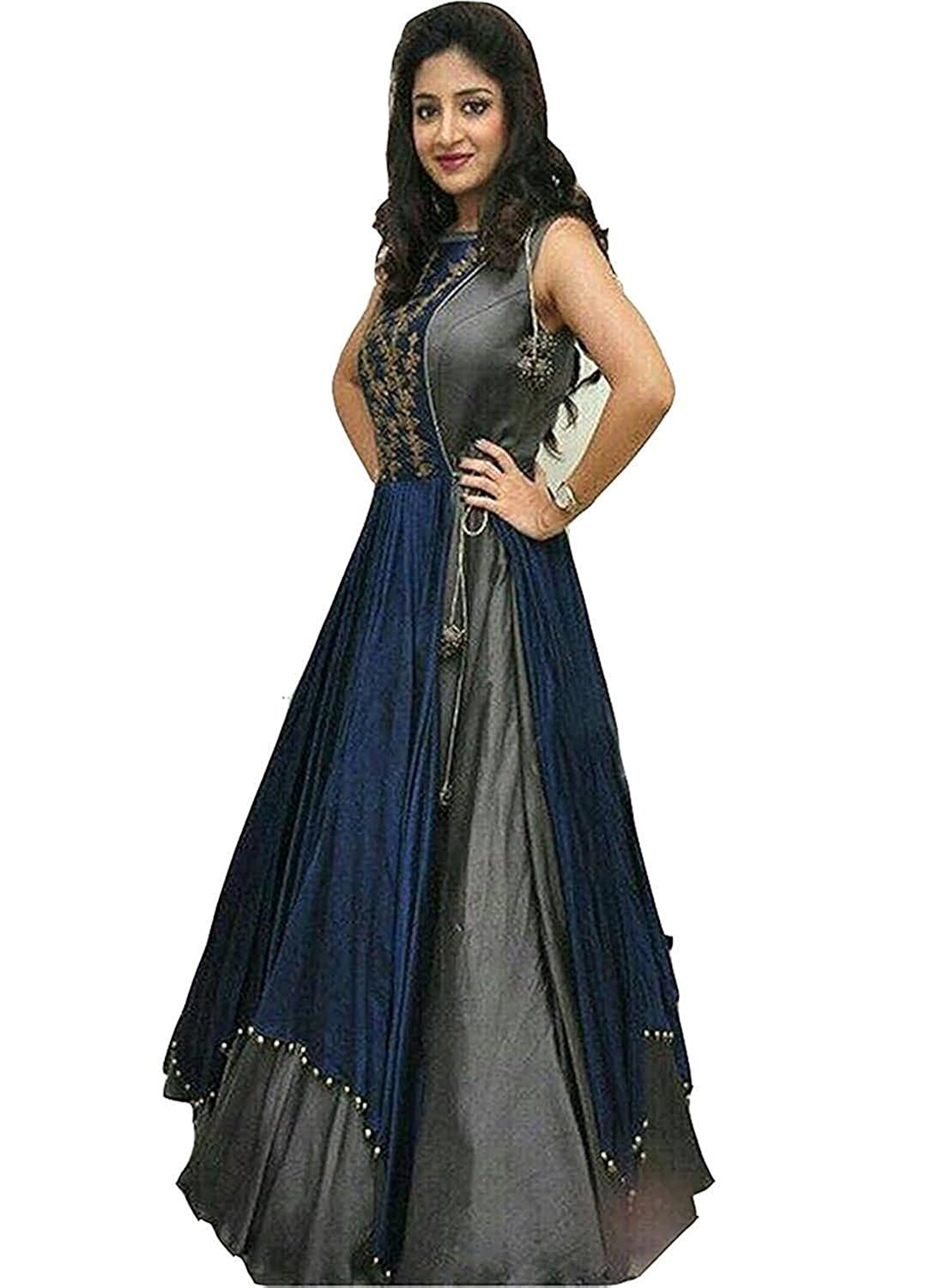 shree kuldevi creation women's cotton silk semi-stitched gown (free size) grey
