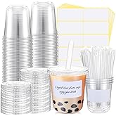 Ziliny 50 Sets Crystal Clear Plastic Cups with Lids, Straws and Stickers, Disposable Iced Coffee Cups Thickened PET for Iced Coffee, Bubble BobaTea, Smoothie, Cold Drinks, Juice, Shops (12 oz)