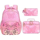 IQUQIXL Kids Backpack for Girls, 3Pcs Butterfly Wings Christmas School Backpacks Lunch Box Pencil Case Preschool Lightweight for Girls Age 4-6 (Pink)