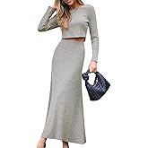 CUPSHE Fall Two Piece Skirts Sets for Women 2025 Ribbed Knit Long Sleeve Top Fitted Ruffled Midi Skirt Outfit Sets