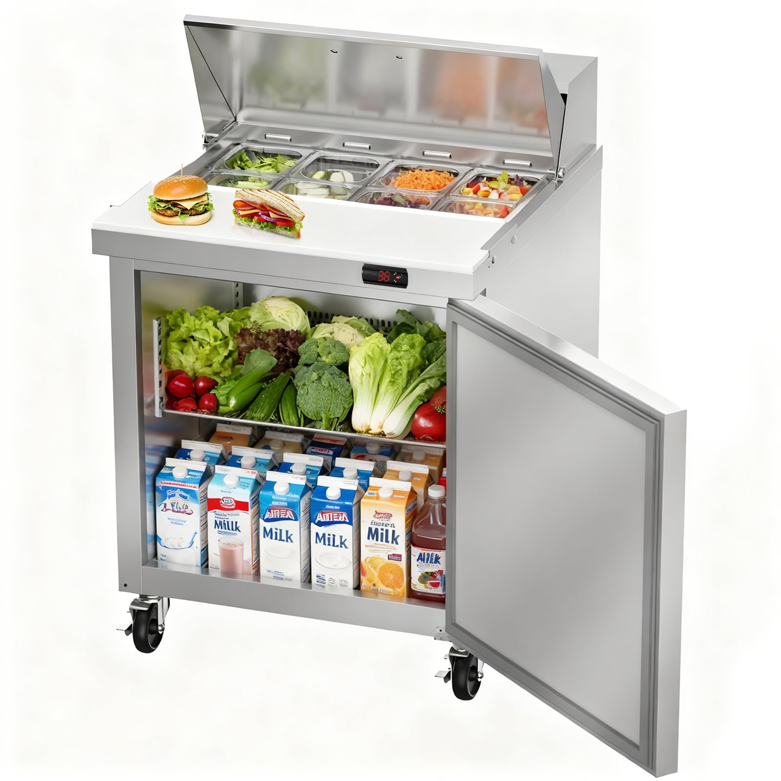 Photo 1 of Bluelinecool 29" W Commercial Refrigerator Sandwich Salad Prep Table, Stainless Steel 1-Door Sandwich Prep Table Refrigerator, Counter Fan Cooling Refrigerator with 8 Pans for Restaurant, Bar