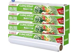 KAMMAK Plastic Wrap Food Cling Wrap with Slide Cutter 4 Pack 12 inch Clear Cling Film 300 Square FT Roll BPA Free Food Service Wrap Microwave Safe Quick Cut Kitchen Wrap Plastic Film