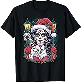 Christmas Sugar Skull Art Woman Santa Hat Festive Design T-Shirt