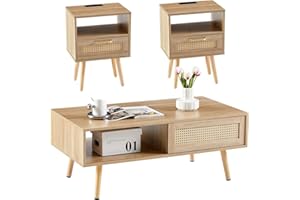 YOUGUO Rattan Coffee Table and Nightstand Set, 3-Piece Wood Living Room Table Set Includes 1 Boho Coffee Table & 2 End Tables with Charging Station and USB Ports for Living Room