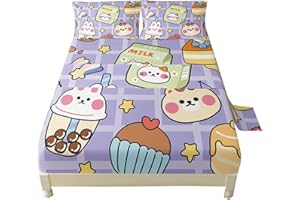 QOOMO Kawaii Bear Sheet Set,Purple Bear Kids Bed Sheets,Cute Bear 16" Deep Pocket Bed Sheet Set for Boys/Girls/Kids/Teens，4 Piece Sheet Set, 1 Fitted Sheet,1 Flat Sheet and 2 Pillowcases，Full Size